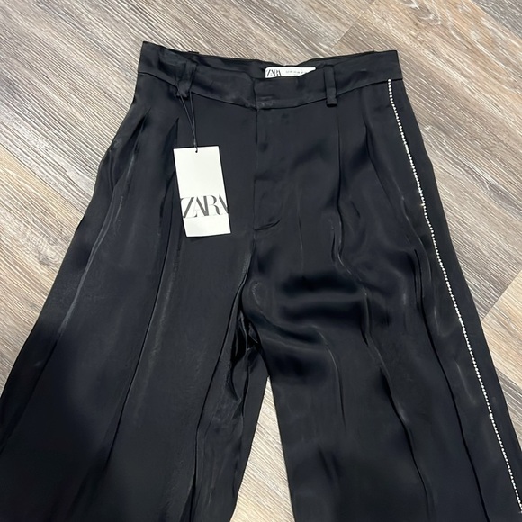 Zara black satin wide leg trouser pants with rhinestones XS NWT - Picture 5 of 10